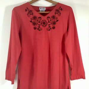 Blair Women Size XL Red Floral Stitching Long Sleeve V Neck Longer Length Slits
